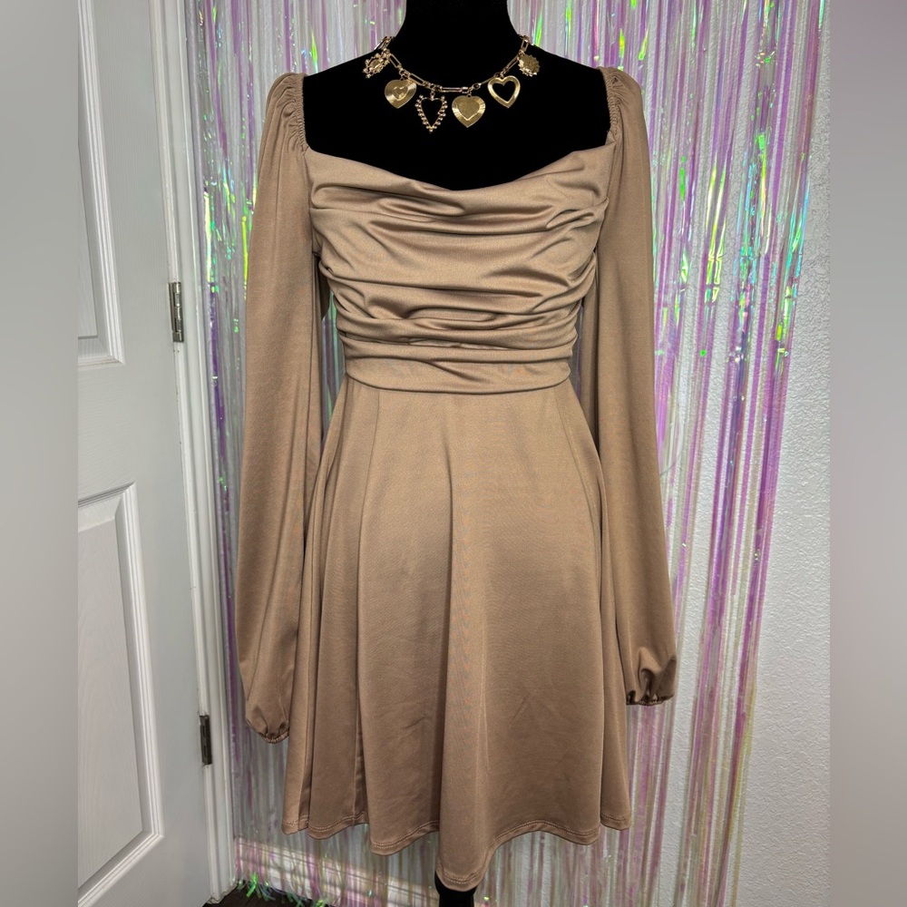 Lush Taupe Lace Up Back Long-Sleeve Ruched Cowl Neck Fit-and-Flare Dress NWOT